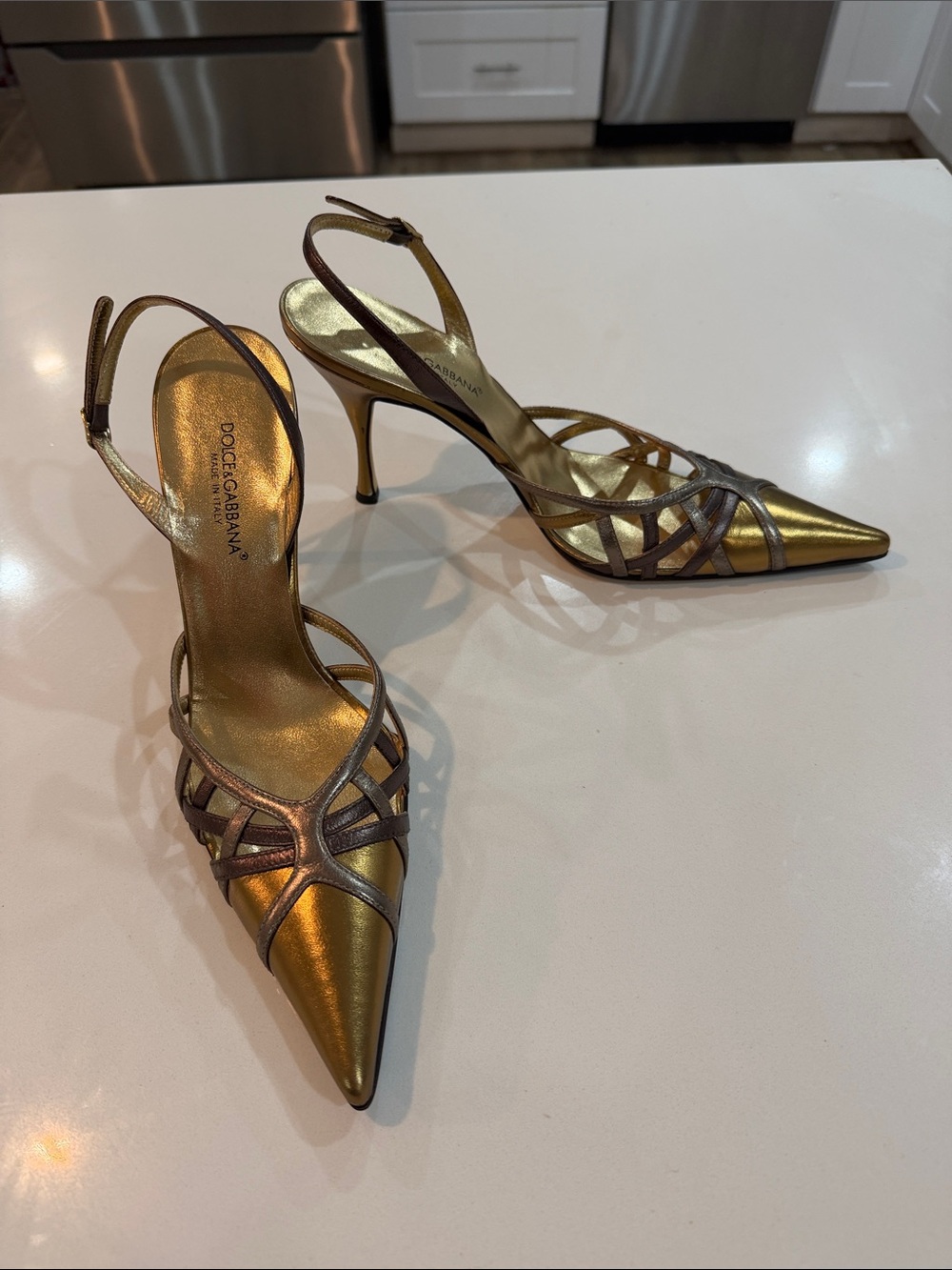 Dolce & Gabbana Metallic Gold Pointed Slingback Heels with Bronze Straps